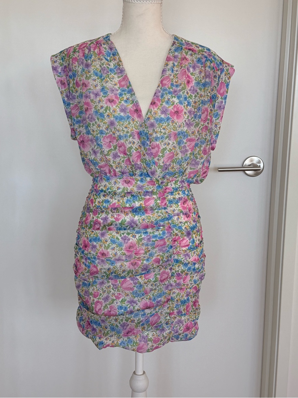 Floral Pink V-Neck Ruched Women’s Dress